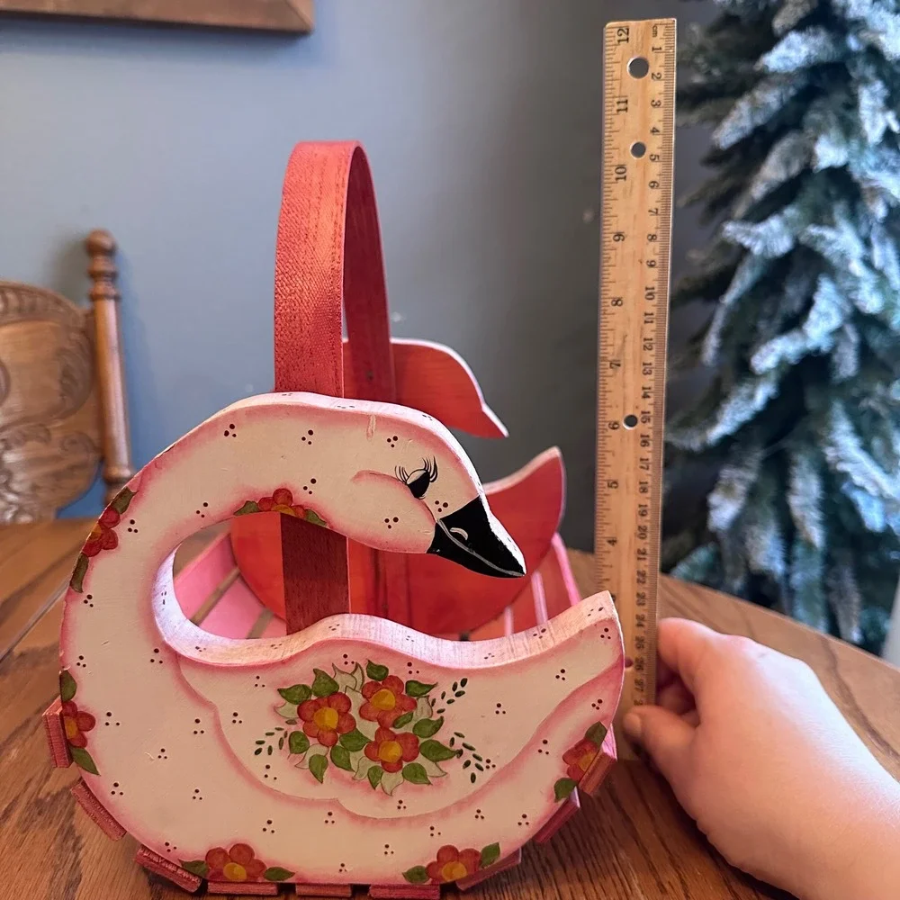 Wooden Swan Basket Hand Painted Folk Art Cottagecore Goose Geese